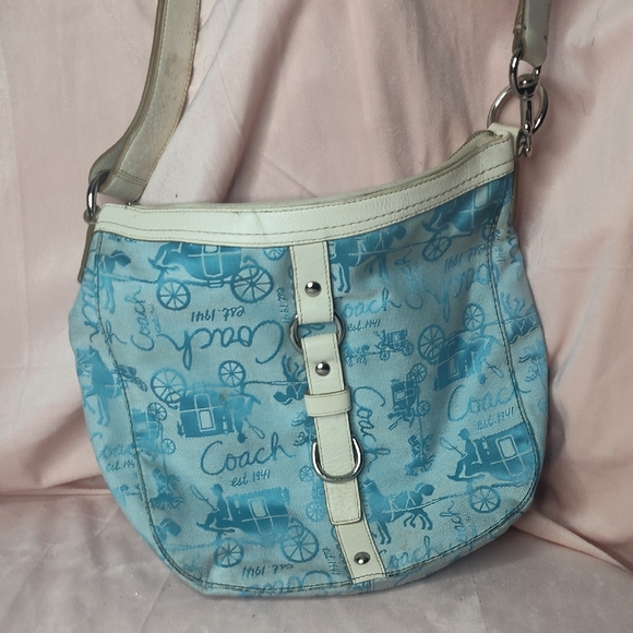Coach Blue and Cream Signature Shoulder Bag - Picture 1 of 9